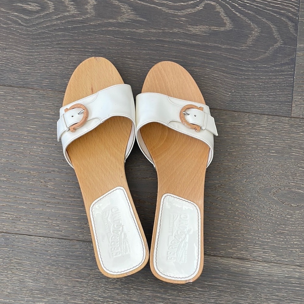 Vintage Salvatore Ferragamo Wood Slides White Patent Leather and Wood Buckle 9